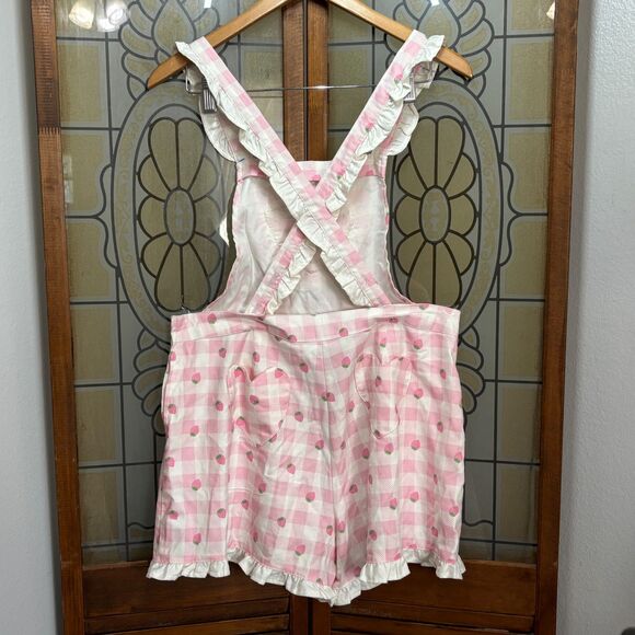 Hot Topic Pink Strawberry Gingham Heart Bib Shortalls Overalls Milk Maid Size L - Picture 3 of 13